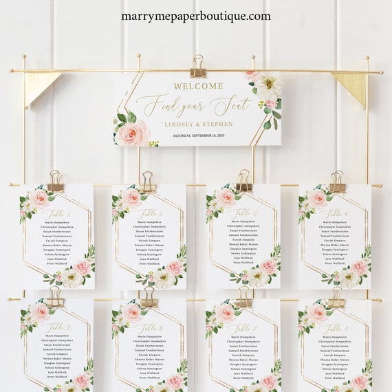 Wedding Seating Chart Template, Pink Floral Hexagonal, Editable Instant Download, Try Before Purchase