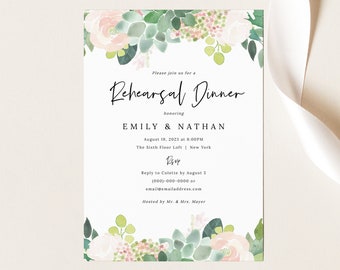 Rehearsal Dinner Invitation Template, Succulent Floral Rehearsal Invite, Printable, Editable, Templett INSTANT Download