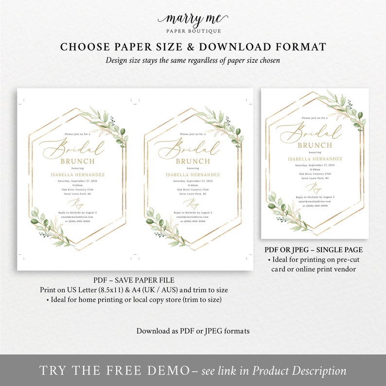 Bridal Brunch Invitation Template, Greenery Hexagonal, Editable Bridal Shower Brunch Invite, Printable, Templett INSTANT Download image 5