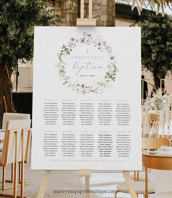 Baptism Seating Sign Template, Rustic Lavender Flowers, Editable Lavender Seating Chart, Seating Plan Poster Sign, Templett INSTANT Download