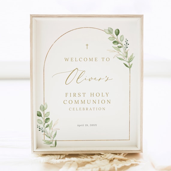 First Communion Welcome Sign Template, Greenery Arch, 8x10, Editable, Small First Holy Communion Ceremony Sign, Templett INSTANT Download