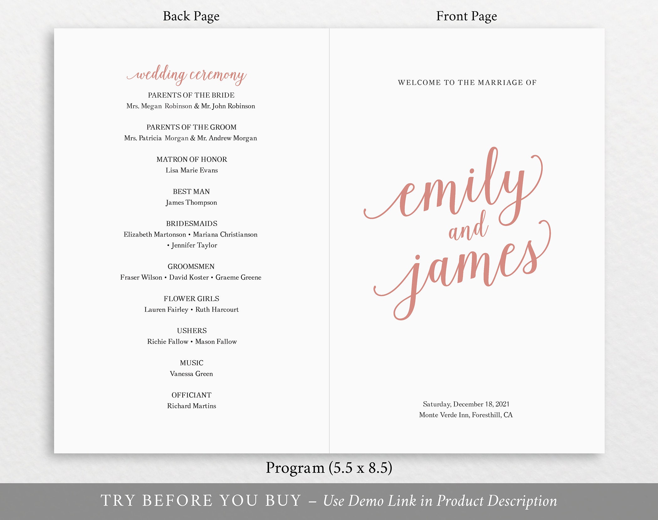 Catholic Wedding Program Template, Rose Gold Script Folded