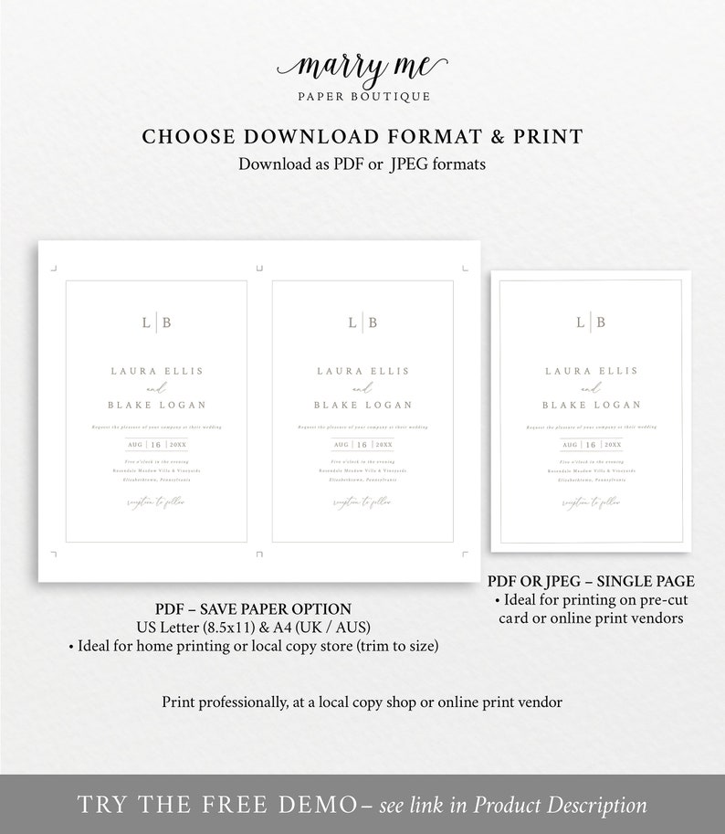 Wedding Invitation Template Set, Monogram & Border, Wedding Invitation Suite, Printable, Editable, RSVP, Details, Templett INSTANT Download image 6