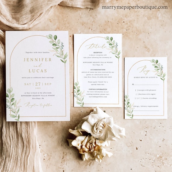 Wedding Invitation Template Set, Greenery Arch, Editable Greenery Wedding Invitation Kit, Printable, RSVP Details, Templett INSTANT Download