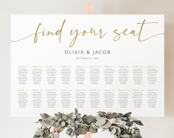 Wedding Seating Chart Template, Gold, Modern Script, Editable, Wedding Seating Plan Printable, Seating Poster, Templett INSTANT Download