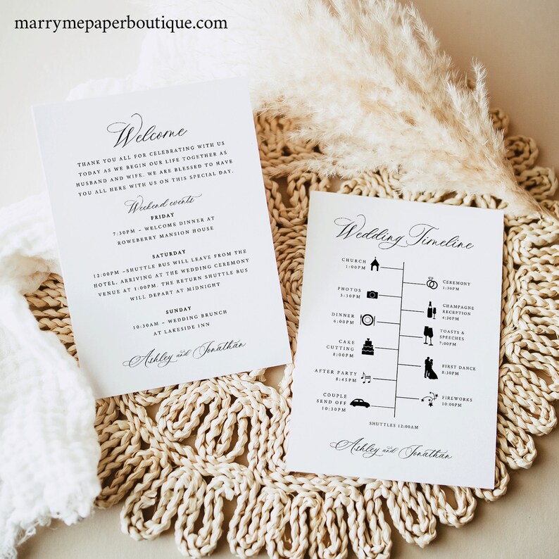 Wedding Welcome & Itinerary Card Template, Traditional Classic Calligraphy, Editable, Wedding Timeline, Printable, Templett INSTANT Download image 2