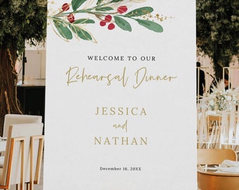 Rehearsal Dinner Welcome Sign Template, Winter Wedding, Red Berries, Welcome to Our Rehearsal Sign, Editable, Templett INSTANT Download