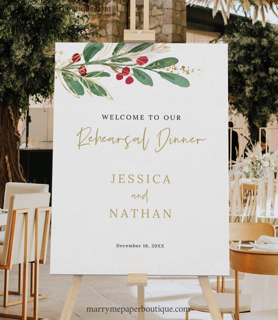 Rehearsal Dinner Welcome Sign Template, Winter Wedding, Red Berries, Welcome to Our Rehearsal Sign, Editable, Templett INSTANT Download