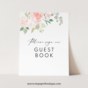 Guest Book Sign Template, Blush Pink Floral, Printable, Pink Flowers ...