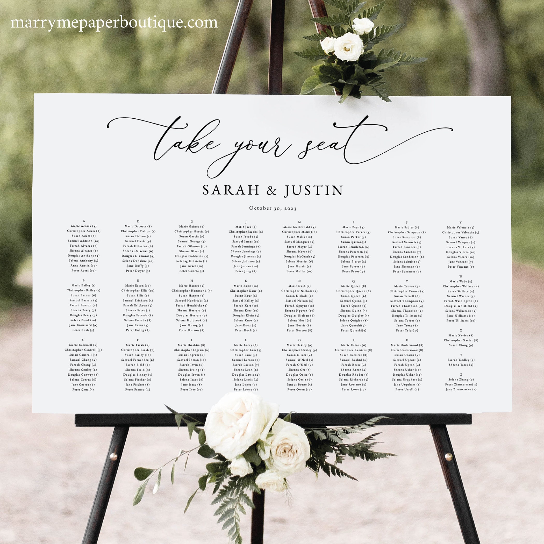 Alphabetical Wedding Seating Chart Template Classic Elegant 
