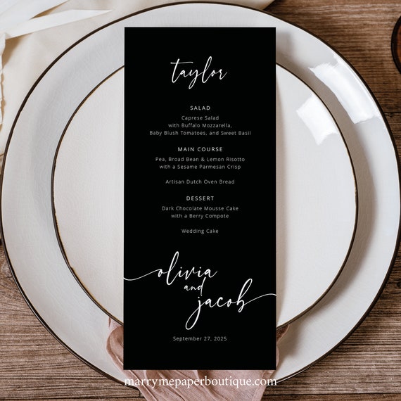 Personalizable Wedding Guest Menu Template, Modern Script, Black Menu Card, Printable, Editable Guest Menus, Templett INSTANT Download