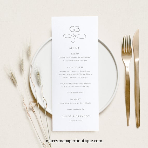 Wedding Menu Template, Elegant Monogram, Printable, Elegant Wedding Table Menu Card, Editable, Tall Menu, Templett INSTANT Download