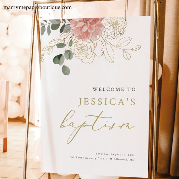 Baptism Welcome Sign Template, Blush & Gold Flowers, Welcome To Baptism Sign, Baptism Sign Printable, Templett INSTANT Download, Editable