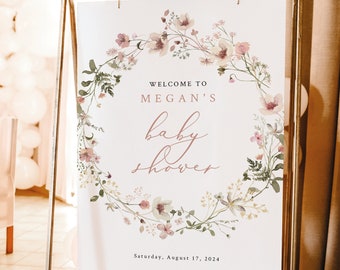 Baby Shower Welcome Sign Template, Rustic Pink Flowers, Editable, Pink Floral Baby Shower Sign, Printable, Templett INSTANT Download