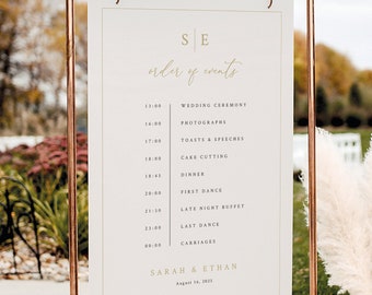 Wedding Itinerary Sign Template, Minimalist Wedding Monogram, Gold, Editable Wedding Timeline Sign, Printable, Templett INSTANT Download