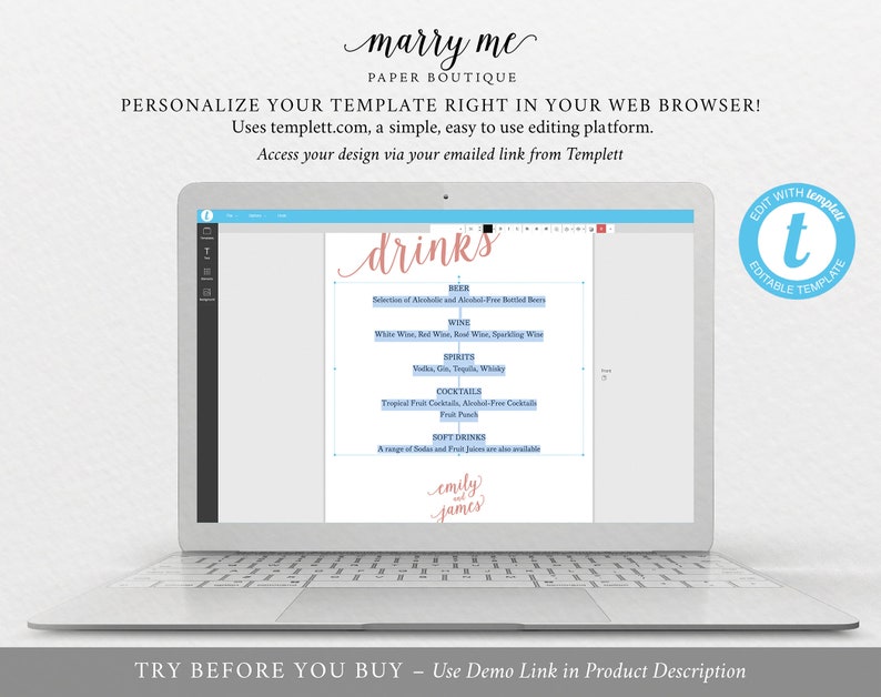 Instant Download Printable Wedding Rose Gold Drinks Menu Editable Rose Gold Menu Rose Gold Wedding Drinks Menu Template