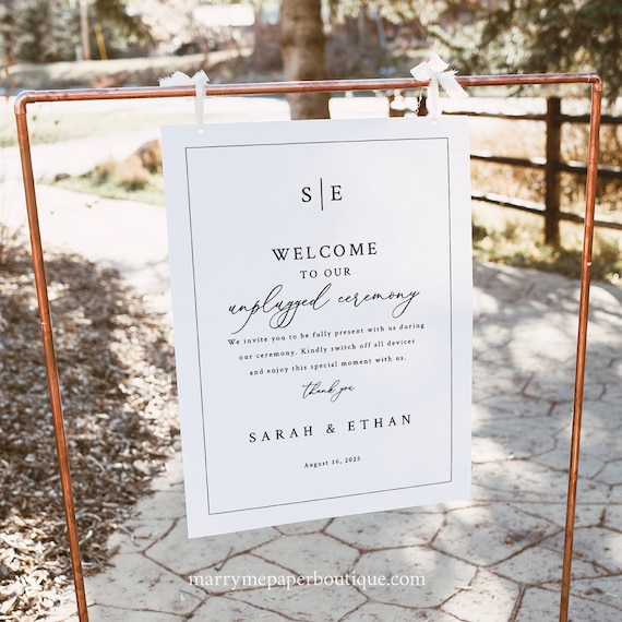 Unplugged Ceremony Sign Template, Minimalist Wedding Monogram, Editable, Unplugged Wedding Sign, Printable, Templett INSTANT Download