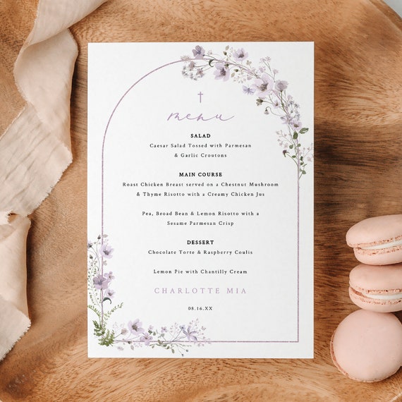 Baptism Menu Template, Rustic Lavender Flower Arch, Editable, Baptism Table Menu, Lavender Baptism Menu Card, 5x7, Templett INSTANT Download