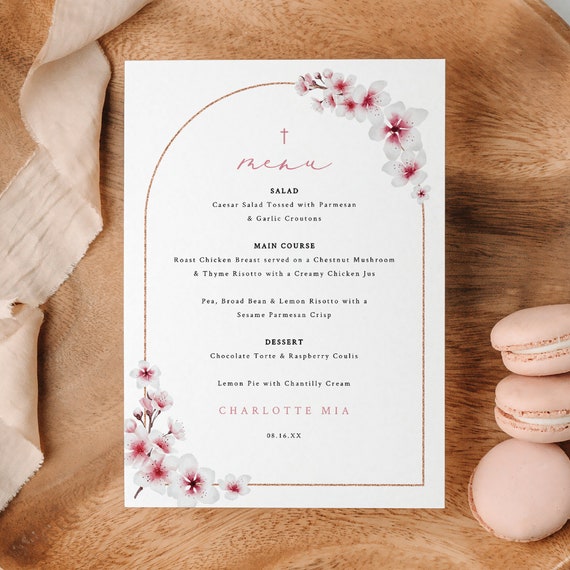 Baptism Menu Template, Cherry Blossom Arch, Editable, Pink Cherry Blossom Baptism Menu Card Template, 5x7, Templett INSTANT Download