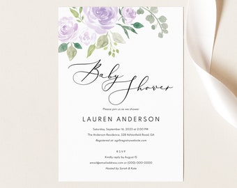 Baby Shower Invitation Template, Mauve & Lilac Floral, Editable Instant Download, Try Before Purchase