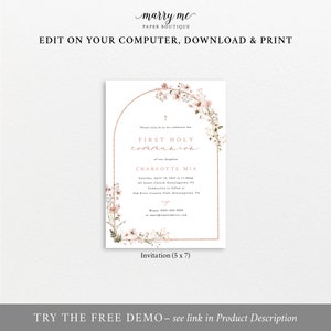 First Holy Communion Invitation Template, Rustic Pink Flower Arch, Editable First Communion Invite Card Printable, Templett INSTANT Download image 4