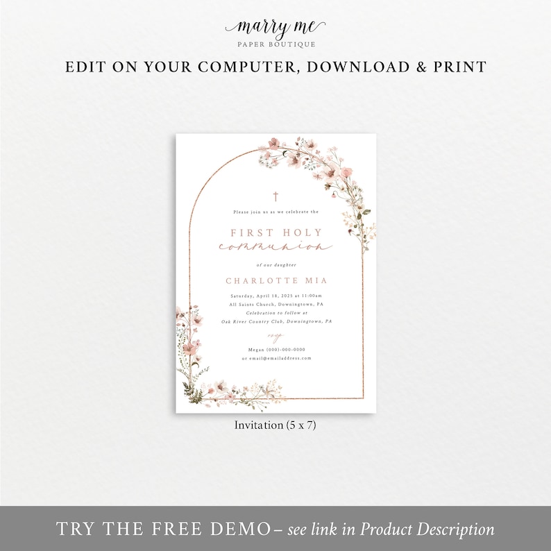 First Holy Communion Invitation Template, Rustic Pink Flower Arch, Editable First Communion Invite Card Printable, Templett INSTANT Download image 4