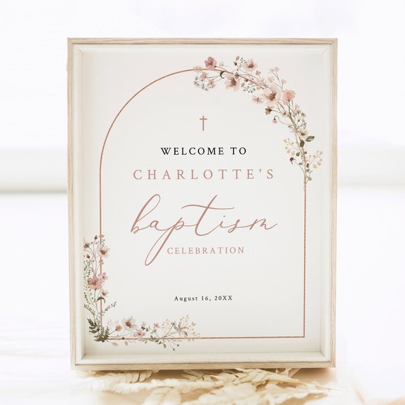 Baptism Welcome Sign Template, Rustic Pink Flowers Arch, 8x10, Small Baptism Welcome Sign, Table Sign, Editable, Templett INSTANT Download