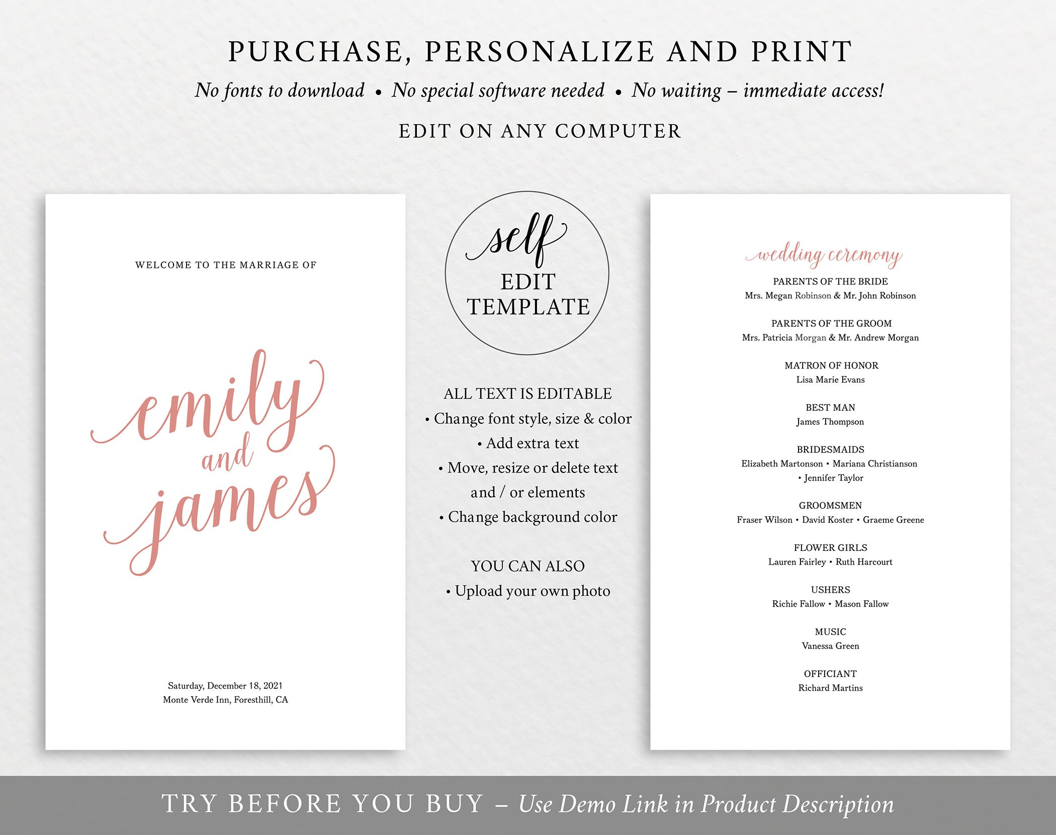 Catholic Wedding Program Template, Rose Gold Script Folded