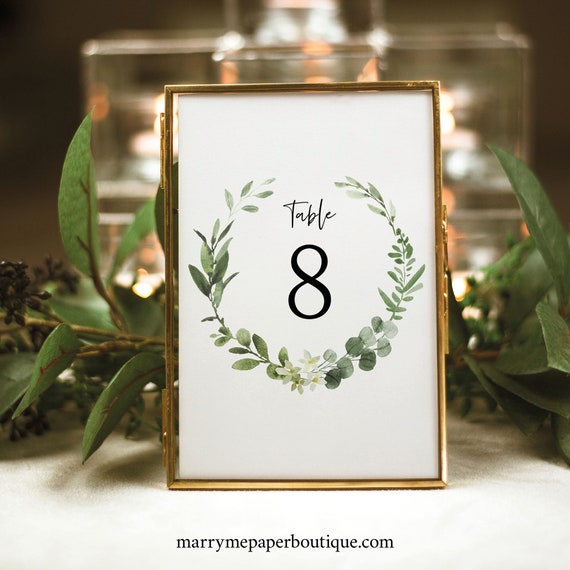 Table Number Sign Template, Elegant Greenery, Templett Instant Download, Editable & Printable, Demo Available