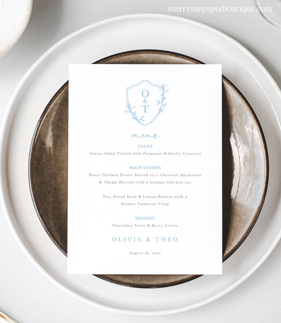 Wedding Menu Template, Light Blue Crest & Monogram, Editable, Monogram Wedding Menu Card, Printable, 5x7 Menu, Templett INSTANT Download
