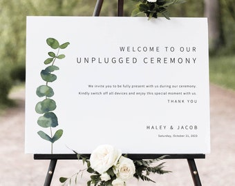 Unplugged Ceremony Sign Template, Elegant Eucalyptus Unplugged Wedding Ceremony Sign, Printable, Modern, Templett INSTANT Download, Editable