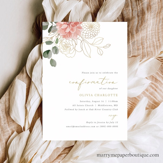 Confirmation Invitation Template, Blush & Gold Flowers, Editable, Blush Confirmation Invite Card, Printable, Templett INSTANT Download