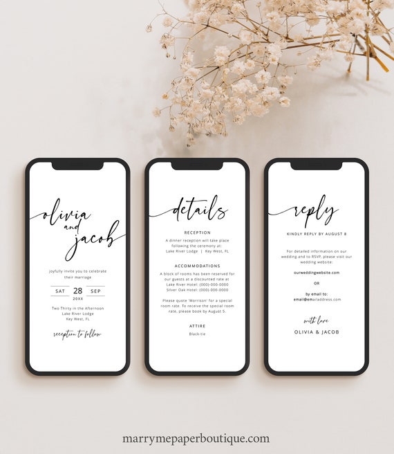 Digital Wedding Invitation Template Set, Modern, Calligraphy, RSVP, Details, Wedding Invitation By Text, Editable, Templett INSTANT Download