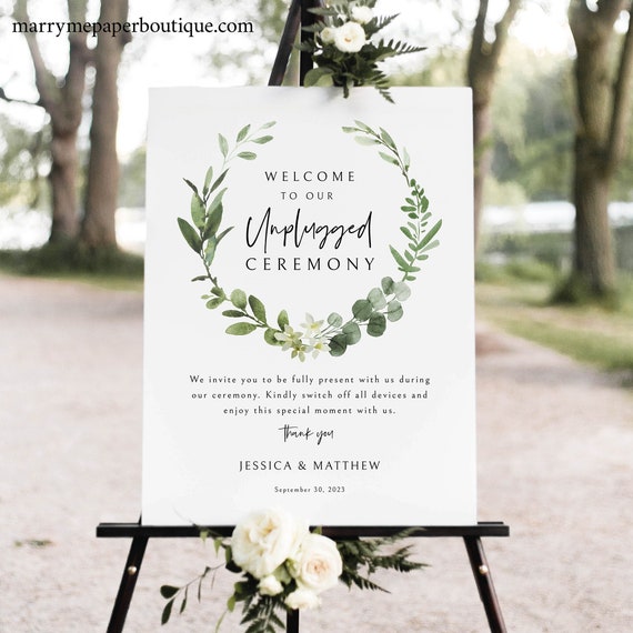 Unplugged Ceremony Sign Template, Elegant Greenery, Unplugged Wedding Sign, Printable, Editable, Templett INSTANT Download