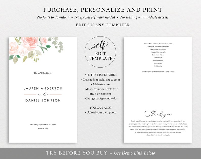 TRY BEFORE You BUY Instant Download 100/% Editable Pink /& Blush Floral Catholic Ceremony Program Printable Wedding Program Template
