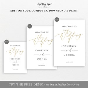 Wedding Welcome Sign Template, Elegant Gold, Demo Available, Editable & Printable Instant Download image 3