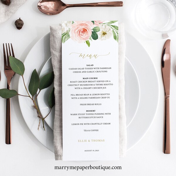 Wedding Menu Template, Try Before Purchase, Editable Blush Floral Instant Download, 3.5x8.5