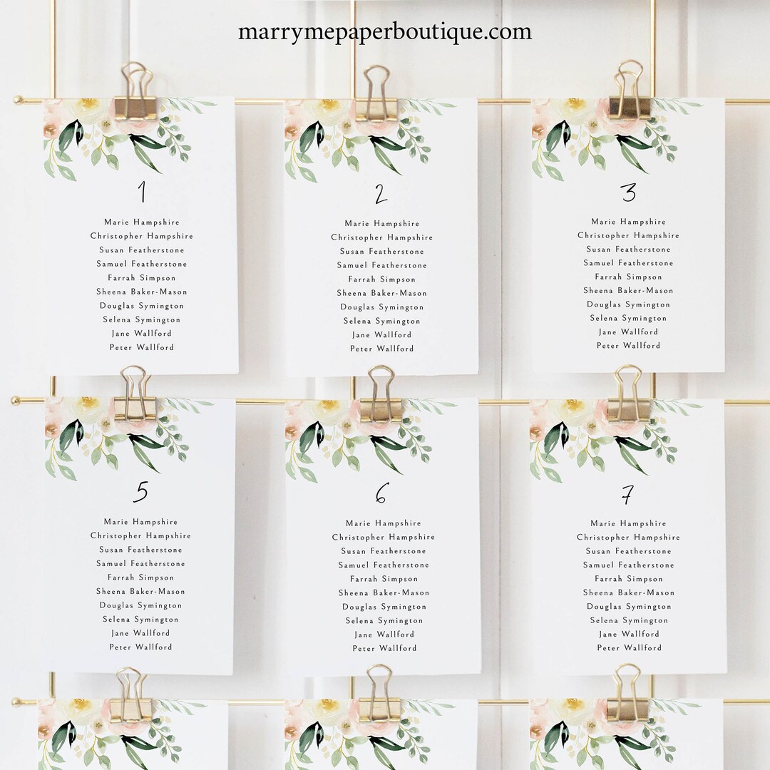 Seating Cards Template Pink Floral Greenery Ivory Printable - Etsy