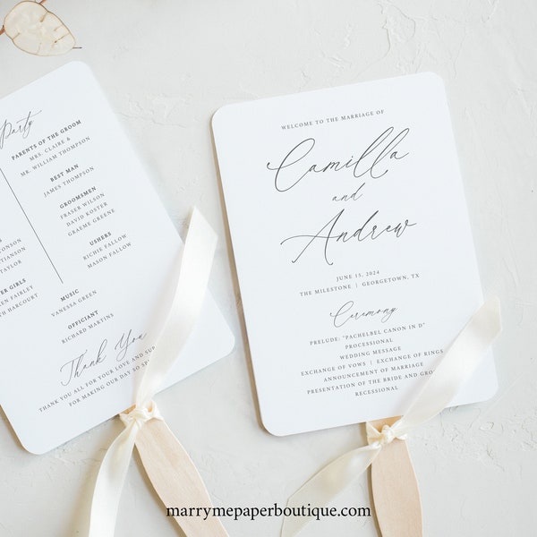 Wedding Program Fan Template, Modern Stylish Script, Wedding Fan Program, Ceremony Fan Printable, Editable, Templett INSTANT Download