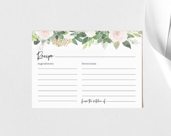 Succulent Floral Recipe Card Template, Green & Blush Recipe Card Printable, Templett Editable, Instant Download