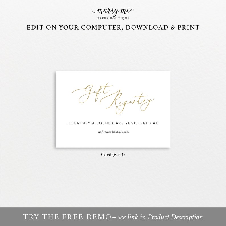 Gift Registry Card Template, Elegant Gold Script, Wedding Registry Card Printable, Editable, Templett, INSTANT Download image 3