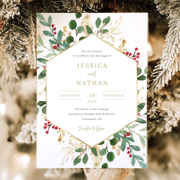 Winter Berry Invitation Template Set, Christmas Wedding Invitation Printable, Details & RSVP, Editable Templett, Instant Download