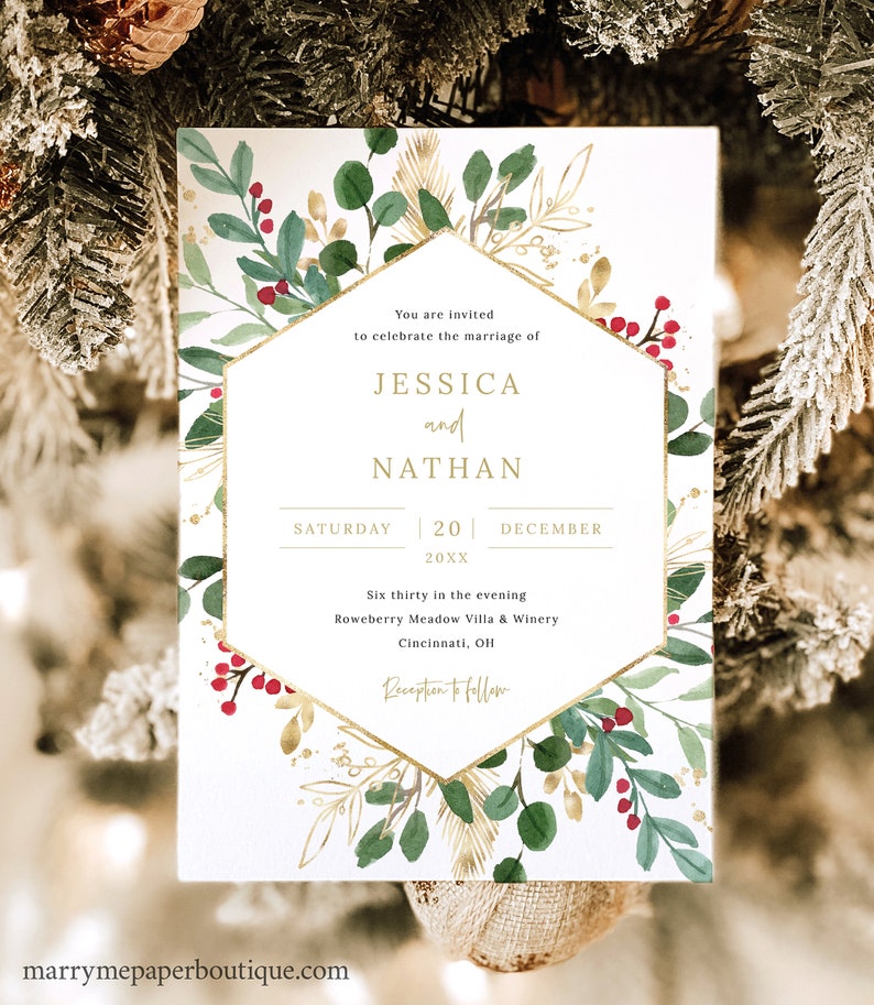 Winter Berry Invitation Template Set, Christmas Wedding Invitation Printable, Details & RSVP, Editable Templett, Instant Download image 1