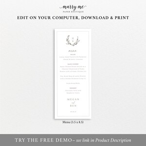 Wedding Menu Template, Elegant Wreath Monogram, Wedding Table Menu Card, Printable, Editable, Tall Thin Menu, Templett INSTANT Download image 3