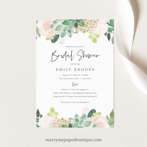 Succulent Floral Bridal Shower Invitation Template, Green & Blush, Shower Invite Printable, Templett Editable, Instant Download