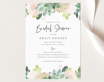 Succulent Floral Bridal Shower Invitation Template, Green & Blush, Shower Invite Printable, Templett Editable, Instant Download