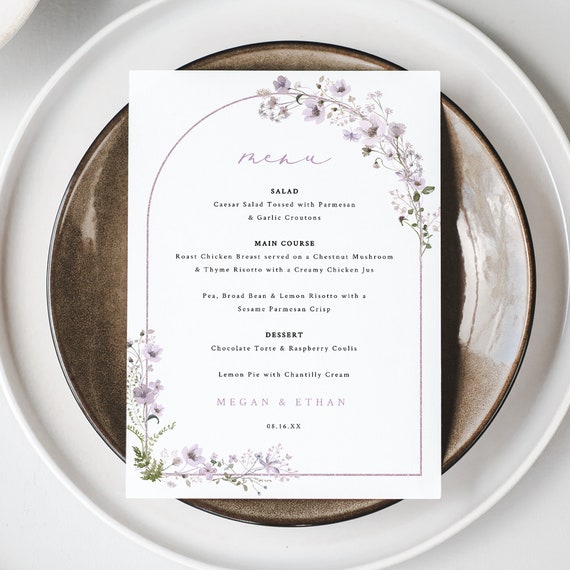 Wedding Menu Template, Rustic Lavender Flower Arch, Editable, Lavender Wedding Menu Card Template, Digital, 5x7, Templett INSTANT Download