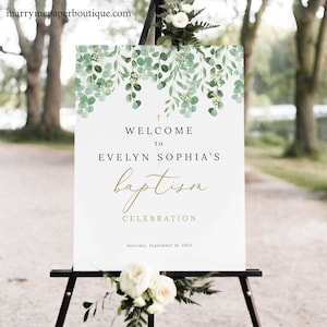 Baptism Welcome Sign Template, Garden Greenery Baptism Sign Printable, Templett Editable, Instant Download