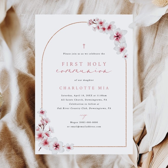 First Holy Communion Invitation Template, Cherry Blossom First Communion Invite Card, Arch, Pink, Editable, 5x7, Templett INSTANT Download