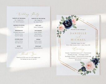 Wedding Program Template, Navy & Blush Floral, Wedding Ceremony Program, Printable, Editable, Order of Service, Templett INSTANT Download